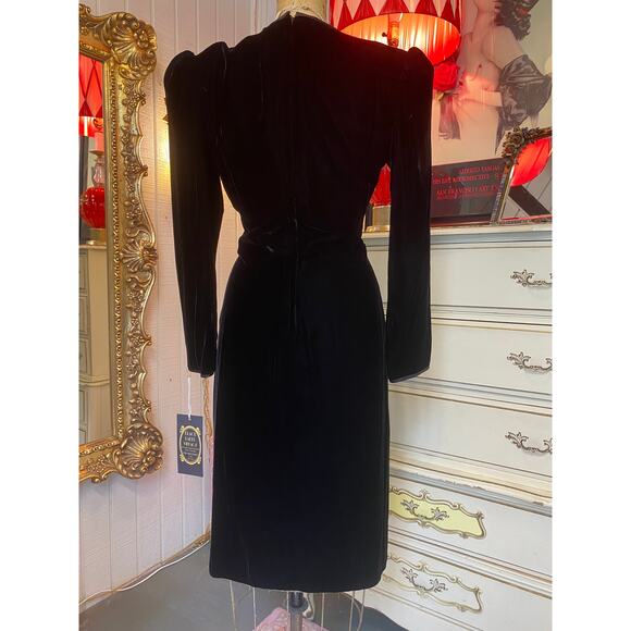 Vintage 1980s black velvet Victor Costa cocktail dress wrap draped rhinestone m - Picture 6 of 11